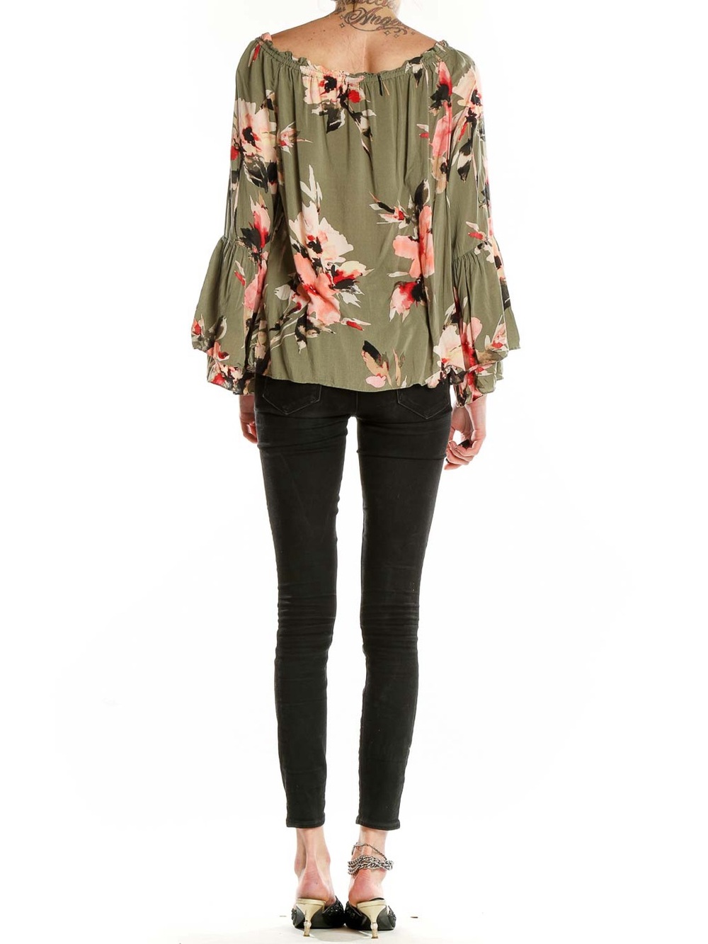 WHBM Olive Green Floral Off-Shoulder Blouse Tiered Flared Sleeves Sz S (T4) - Picture 3 of 10